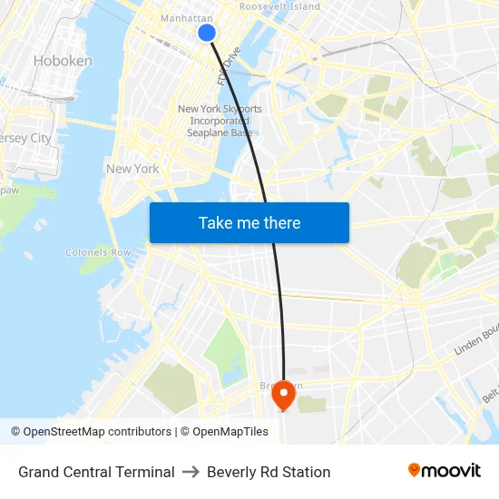 Grand Central Terminal to Beverly Rd Station map
