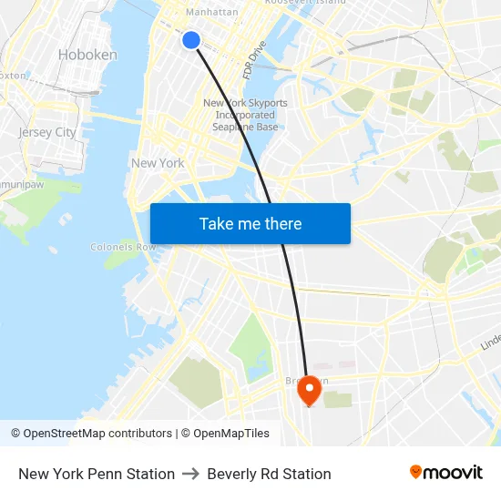 New York Penn Station to Beverly Rd Station map