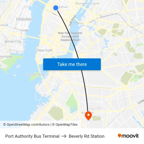 Port Authority Bus Terminal to Beverly Rd Station map