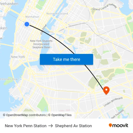 New York Penn Station to Shepherd Av Station map