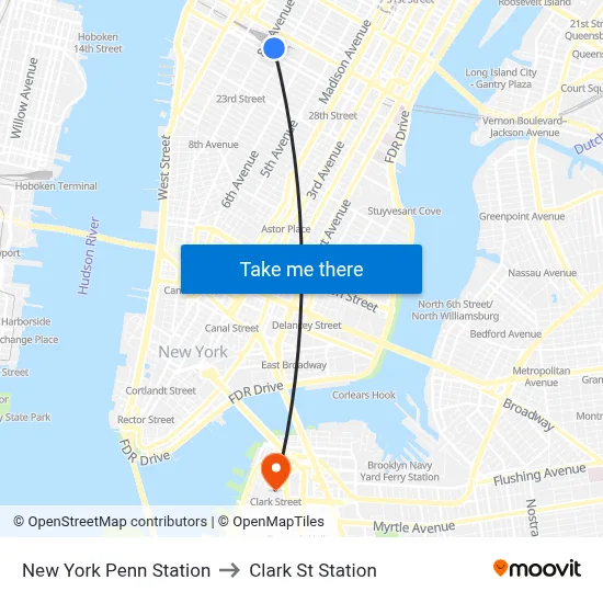 New York Penn Station to Clark St Station map