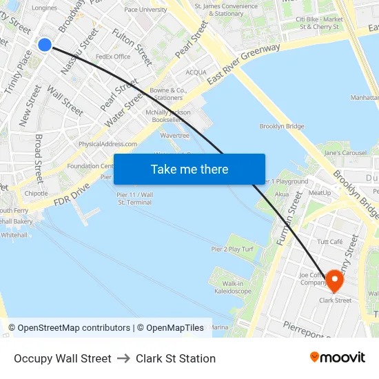 Occupy Wall Street to Clark St Station map