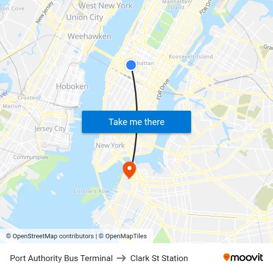 Port Authority Bus Terminal to Clark St Station map