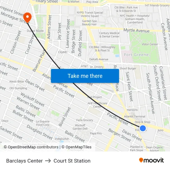 Barclays Center to Court St Station map