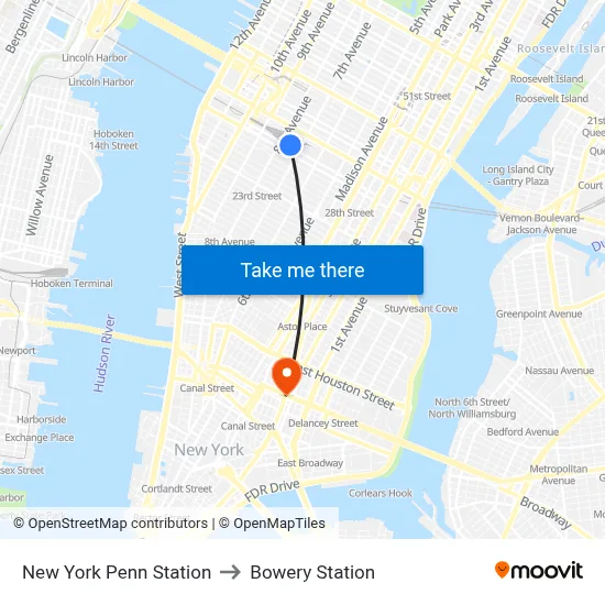New York Penn Station to Bowery Station map