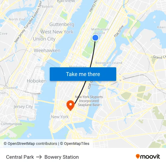 Central Park to Bowery Station map