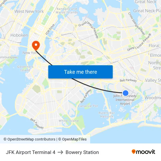 JFK Airport Terminal 4 to Bowery Station map