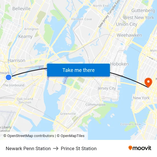 Newark Penn Station to Prince St Station map