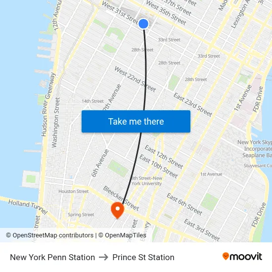 New York Penn Station to Prince St Station map