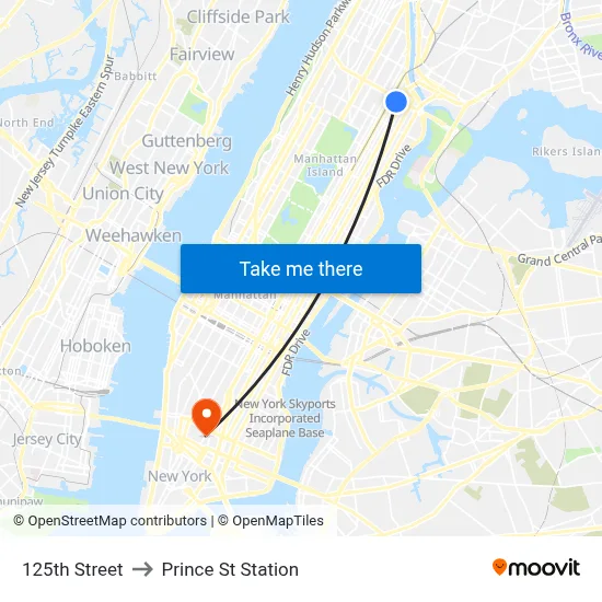 125th Street to Prince St Station map