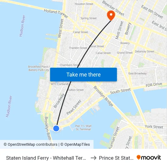 Staten Island Ferry - Whitehall Terminal to Prince St Station map