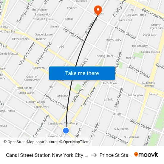 Canal Street Station New York City Subway to Prince St Station map