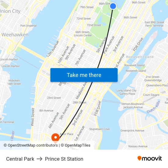 Central Park to Prince St Station map