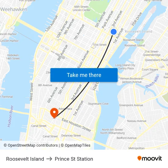 Roosevelt Island to Prince St Station map