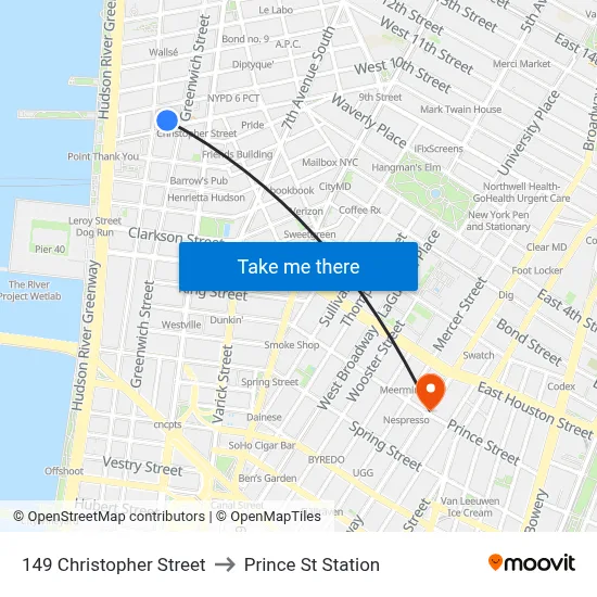 149 Christopher Street to Prince St Station map