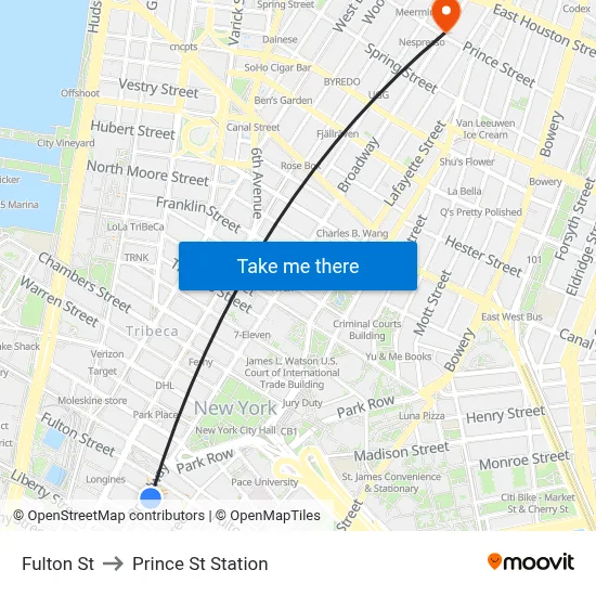 Fulton St to Prince St Station map