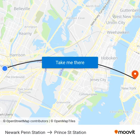 Newark Penn Station to Prince St Station map