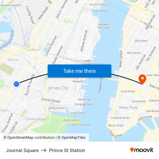 Journal Square to Prince St Station map