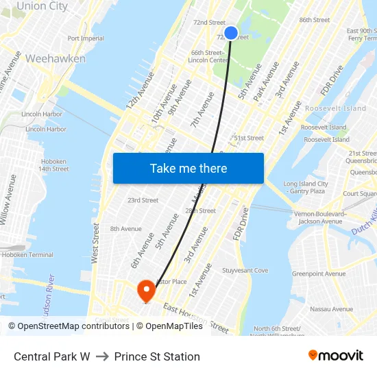 Central Park W to Prince St Station map