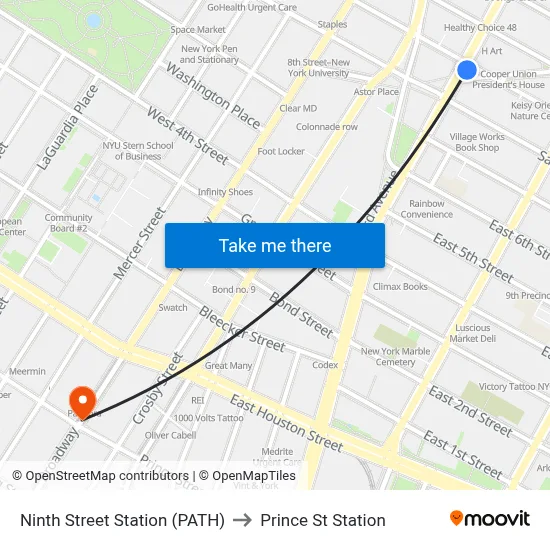 Ninth Street Station (PATH) to Prince St Station map