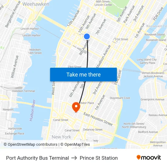 Port Authority Bus Terminal to Prince St Station map