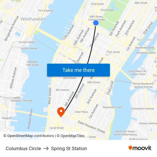 Columbus Circle to Spring St Station map