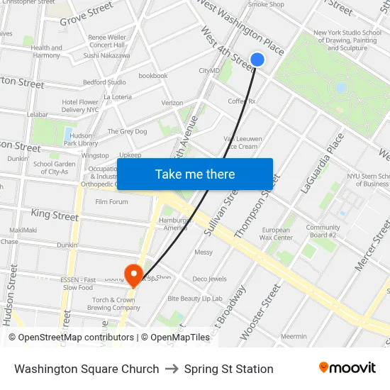 Washington Square Church to Spring St Station map