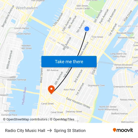 Radio City Music Hall to Spring St Station map