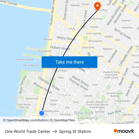 One World Trade Center to Spring St Station map