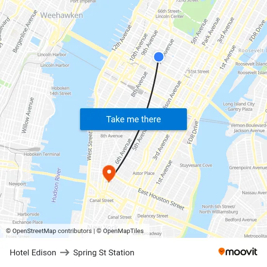 Hotel Edison to Spring St Station map