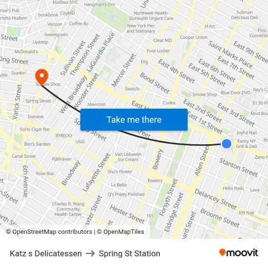 Katz s Delicatessen to Spring St Station map