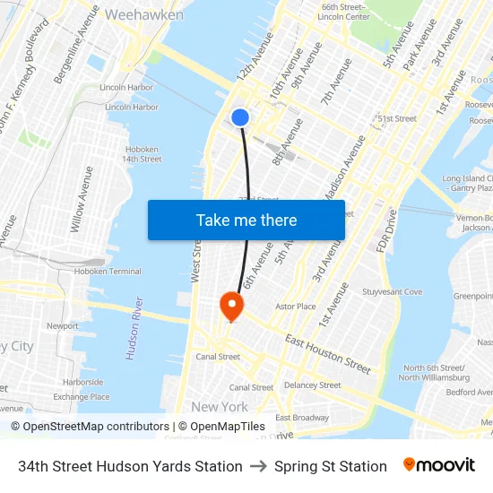 34th Street Hudson Yards Station to Spring St Station map