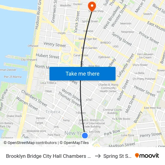 Brooklyn Bridge City Hall Chambers Street Station to Spring St Station map