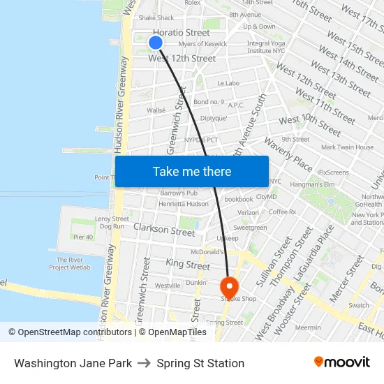 Washington Jane Park to Spring St Station map