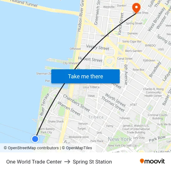 One World Trade Center to Spring St Station map