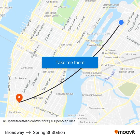 Broadway to Spring St Station map