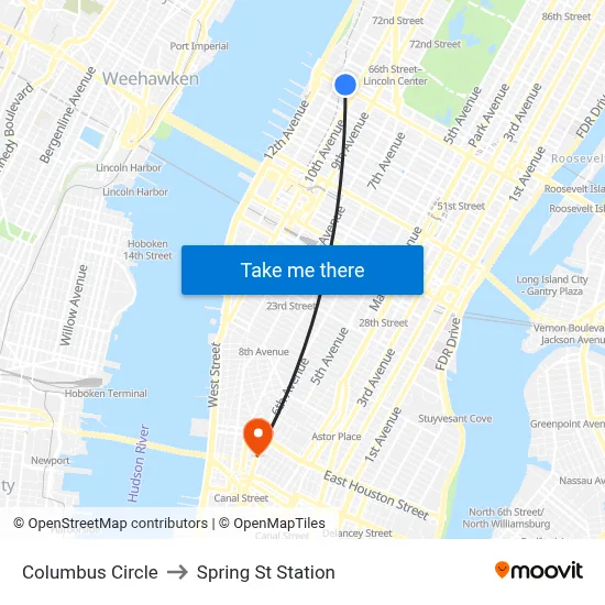 Columbus Circle to Spring St Station map