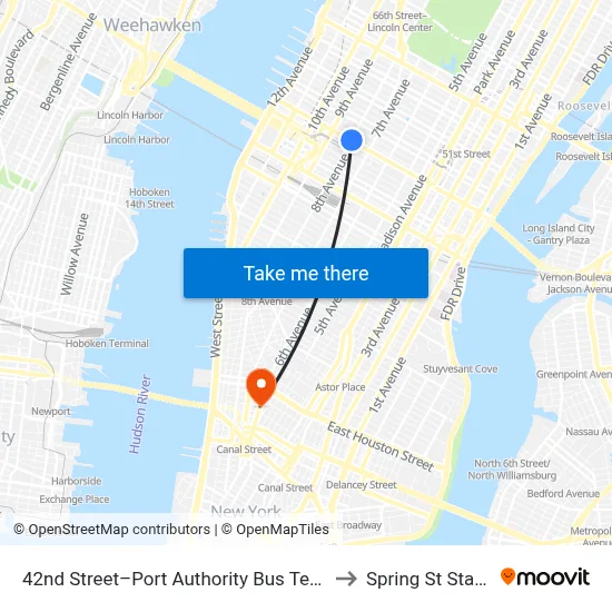 42nd Street–Port Authority Bus Terminal to Spring St Station map
