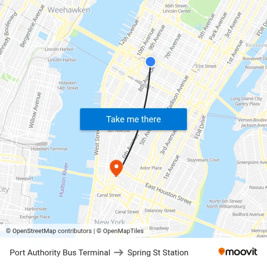 Port Authority Bus Terminal to Spring St Station map