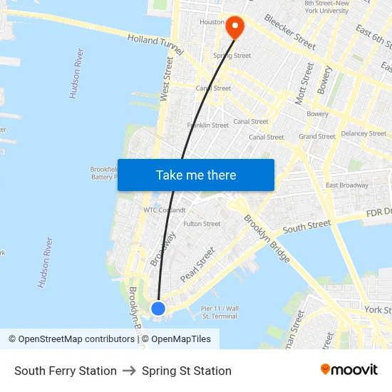 South Ferry Station to Spring St Station map