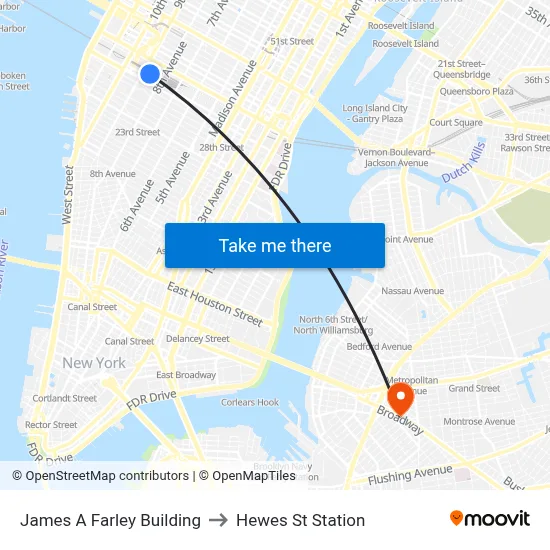 James A Farley Building to Hewes St Station map