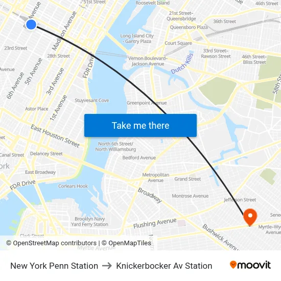 New York Penn Station to Knickerbocker Av Station map