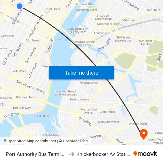 Port Authority Bus Terminal to Knickerbocker Av Station map