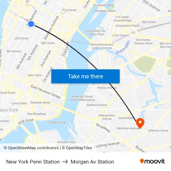 New York Penn Station to Morgan Av Station map