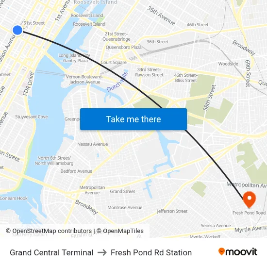 Grand Central Terminal to Fresh Pond Rd Station map