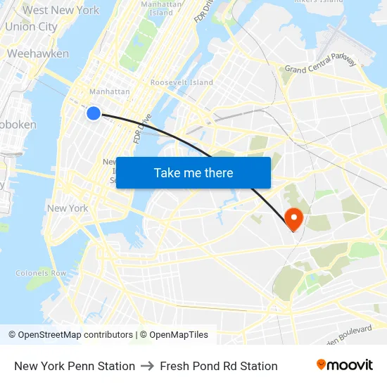 New York Penn Station to Fresh Pond Rd Station map