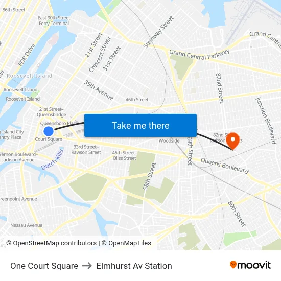 One Court Square to Elmhurst Av Station map