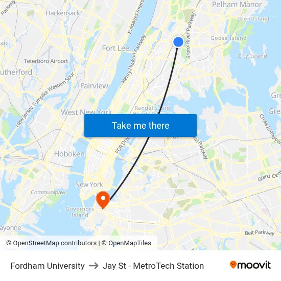 Fordham University to Jay St - MetroTech Station map