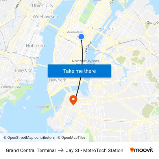 Grand Central Terminal to Jay St - MetroTech Station map