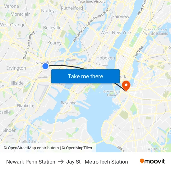 Newark Penn Station to Jay St - MetroTech Station map